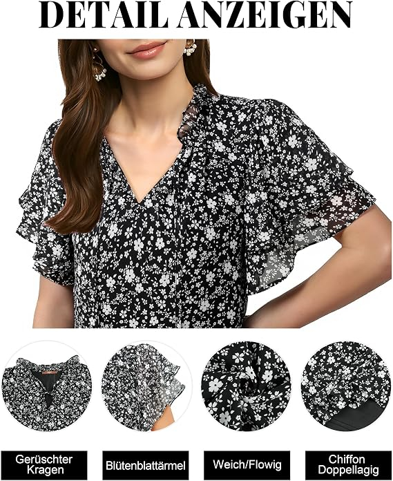 Bluză neagra Damă Gaharu din Șifon, Decolteu în V, Mâneci cu Volane, Elegantă, M [6]