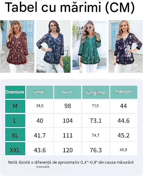 Bluză neagra Damă Gaharu, Imprimeu Floral, Mâneci 3/4, Decolteu în V, Dublu Strat, L [6]