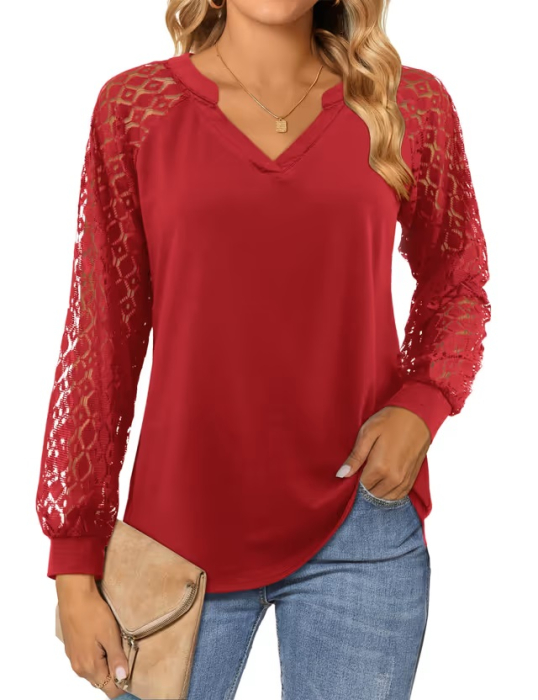 Bluza rosie lejera pentru femei, pulover respirabil, decolteu in V, maneci dantelate S [2]