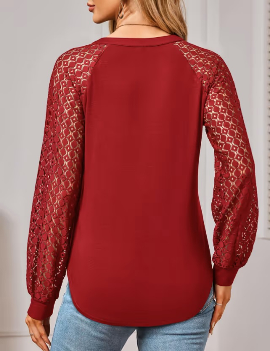 Bluza rosie lejera pentru femei, pulover respirabil, decolteu in V, maneci dantelate S [4]