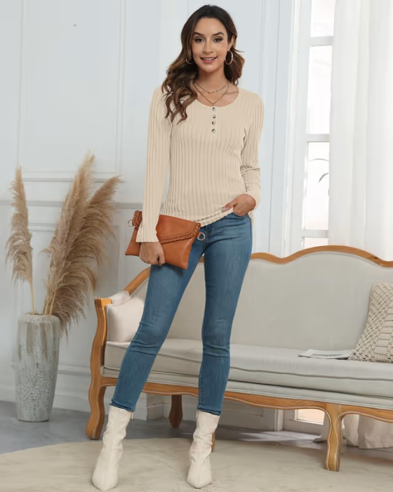 Bluza crem lejera pentru femei, pulover respirabil, decolteu rotund cu nasturi L [5]