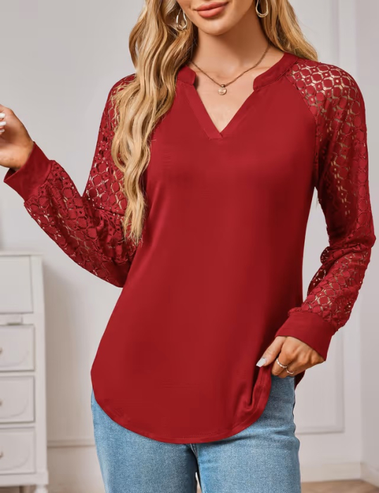 Bluza rosie lejera pentru femei, pulover respirabil, decolteu in V, maneci dantelate S [3]