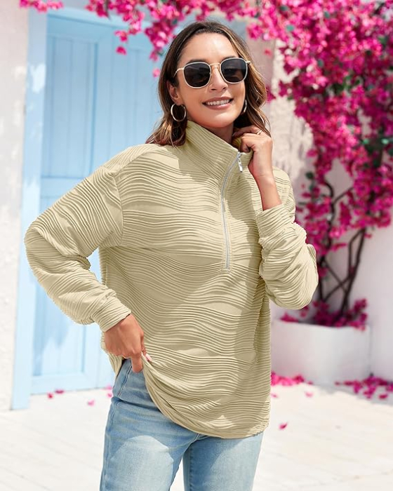 Bluza bej texturata larga, cu maneci lungi, decolteu V cu fermoar, L [4]