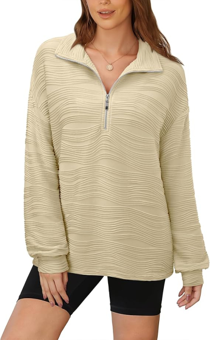 Bluza bej texturata larga, cu maneci lungi, decolteu V cu fermoar, 2XL [2]