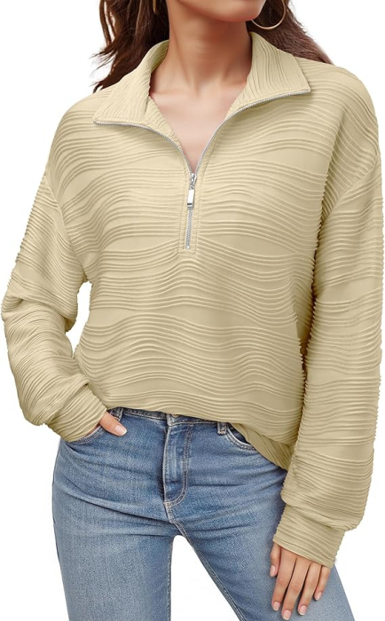 Bluza bej texturata larga, cu maneci lungi, decolteu V cu fermoar, XL [3]