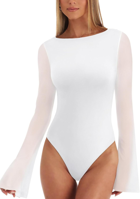 Bluza pe corp, body cu mânecă lungă pentru femei, Alb 2XL [2]