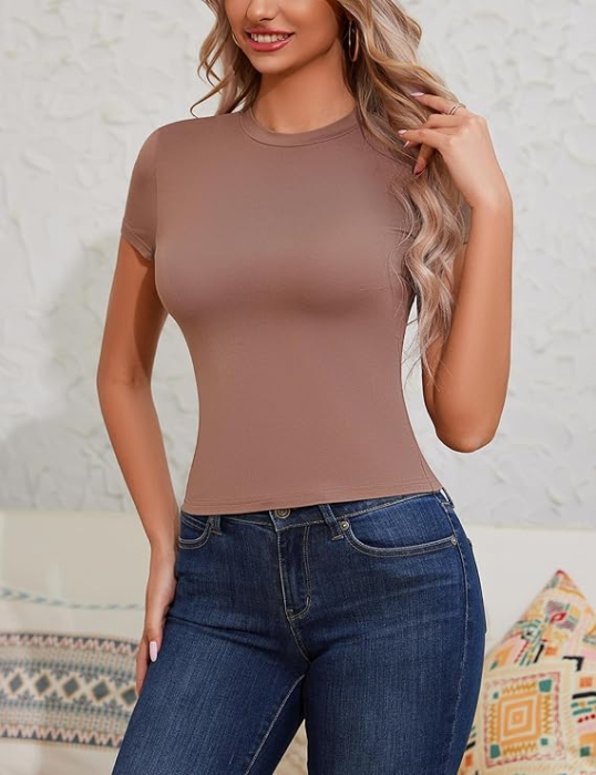 Bluza pe corp pentru femei, cu maneca scurta, decolteu in V Maro L [3]