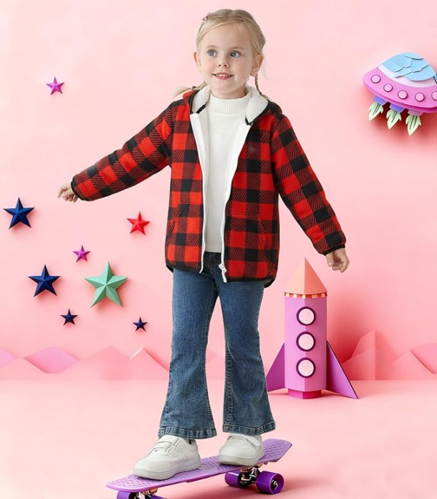 Bluza rosie in carouri, captusita pentru copii, cu maneci lungi, hanorac lejer 2-3 ani 92-98 cm [3]