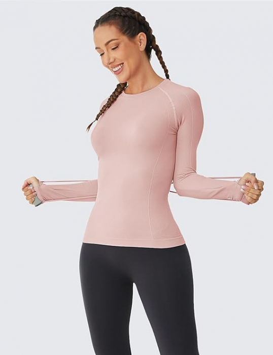 Bluza sport pe corp, cu maneca lunga,  fixare pe degete, Roz M [4]