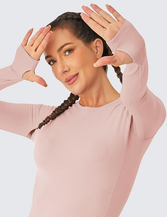 Bluza sport pe corp, cu maneca lunga,  fixare pe degete, Roz M [5]