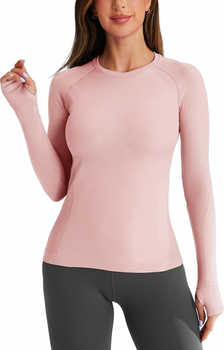 Bluza sport pe corp, cu maneca lunga,  fixare pe degete, Roz M [1]