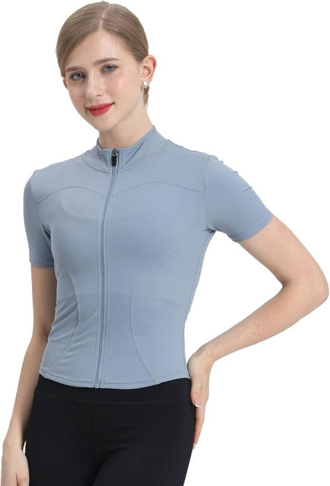 Bluza sport, cu maneca scurta, pe gat cu fermoar, bleu S [2]