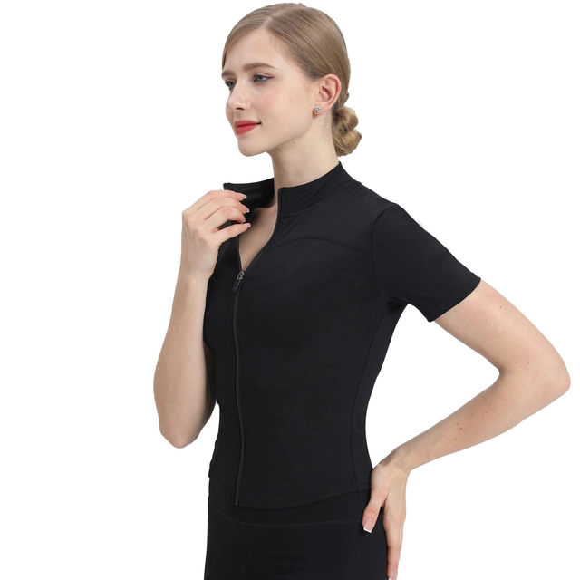Bluza sport, cu maneca scurta, pe gat cu fermoar, Negru S [4]