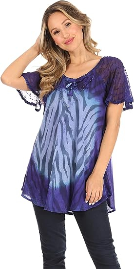 Bluza subtire cu maneca scurta, din sifon, marime universala mov cu model [5]