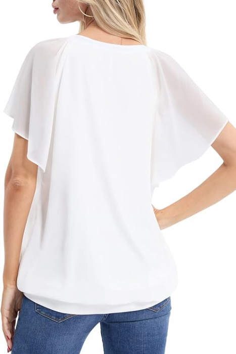Bluza subtire eleganta, din sifon, cu maneca scurta si decolteu in V, alba L [3]