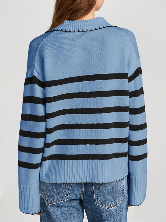 Bluza tricotata, cu maneca lunga, decolteu in V, albastra M [4]