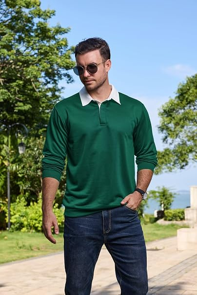 Bluză verde Polo Bărbați cu Mâneci Lungi, Guler Contrast, Nasturi, Regular Fit, L [2]