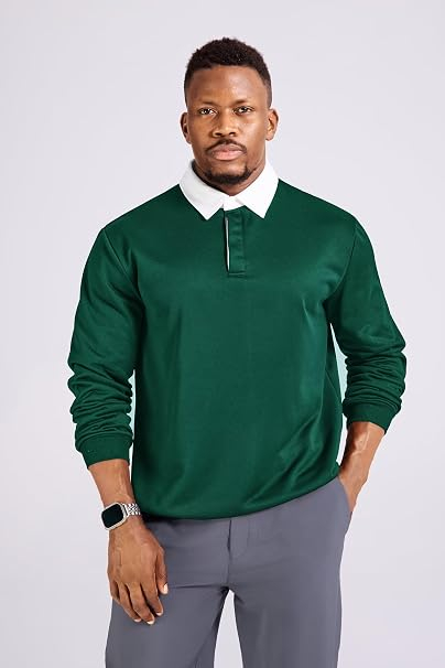 Bluză verde Polo Bărbați cu Mâneci Lungi, Guler Contrast, Nasturi, Regular Fit, L [5]
