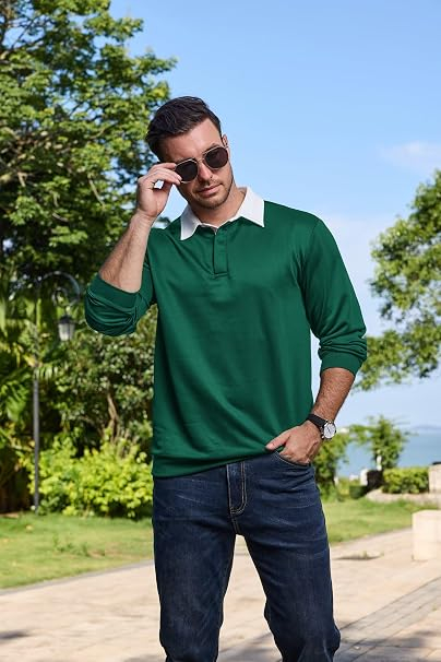 Bluză verde Polo Bărbați cu Mâneci Lungi, Guler Contrast, Nasturi, Regular Fit, L [3]