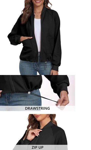 Bluza sport, cu maneca lunga, decolteu in V cu fermoar, neagra M [2]