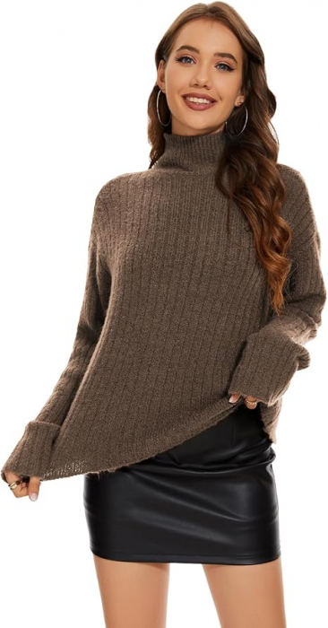 Bluza tricotata, cu maneca lunga, pe gat,Maro M [3]
