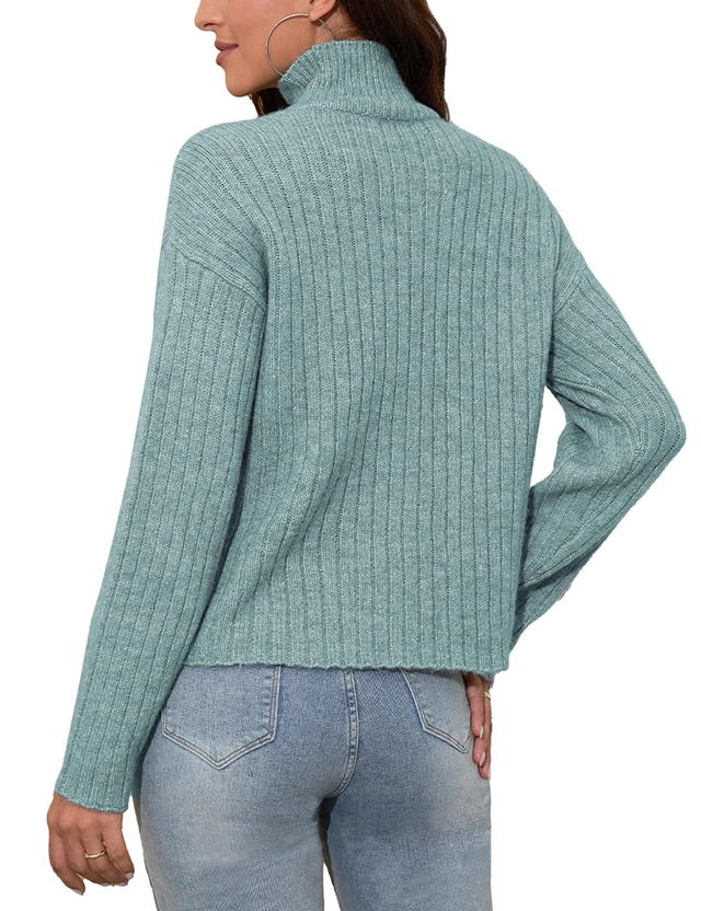 Bluza lejera tricotata, cu maneca lunga, pulover albastru pe gat, 2XL [4]