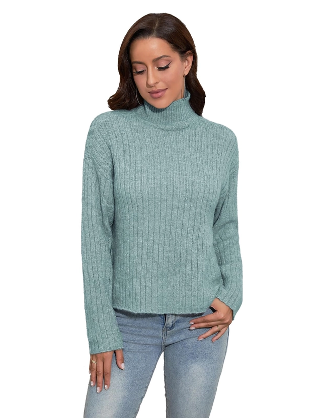 Bluza lejera tricotata, cu maneca lunga, pulover albastru pe gat, 2XL [3]