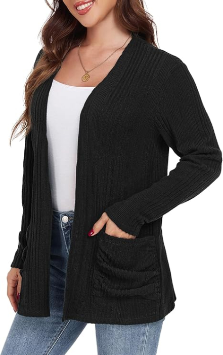 Bluza tricotata lejera cu maneci lungi, cardigan pentru femei, Negru L [3]