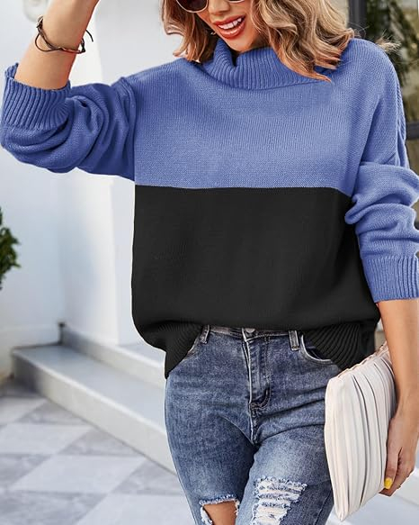 Bluza tricotata lejera cu maneci lungi, pulover pentru femei, albastru/negru M [2]