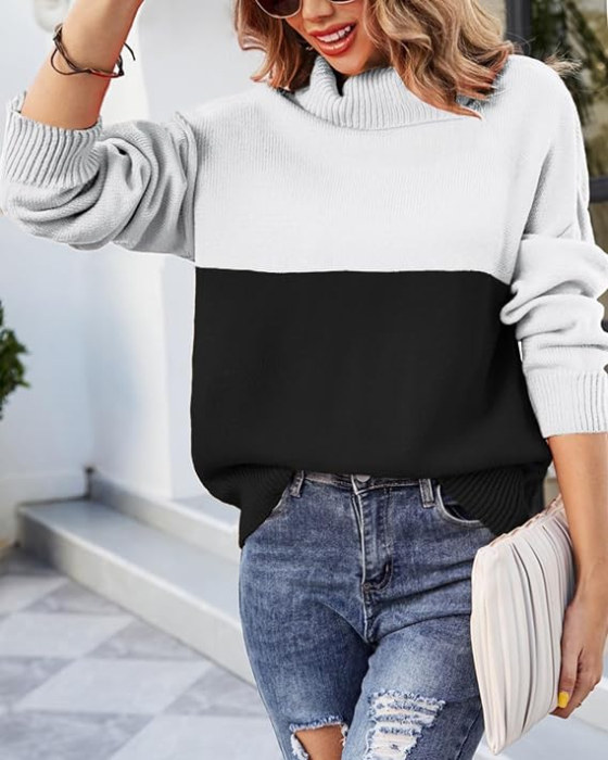 Bluza tricotata lejera cu maneci lungi, pulover pentru femei, alb/negru L [2]