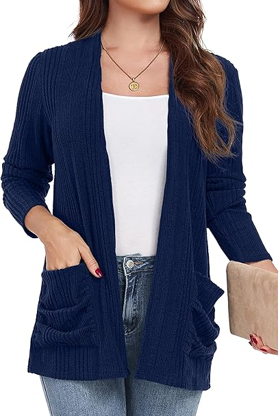 Bluza tricotata lejera cu maneci lungi, cardigan pentru femei, Albastru L [2]