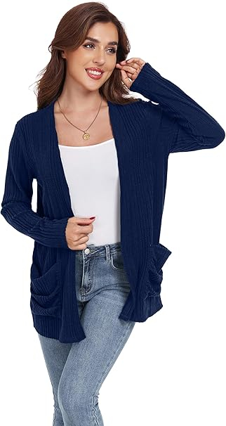 Bluza tricotata lejera cu maneci lungi, cardigan pentru femei, Albastru L [3]