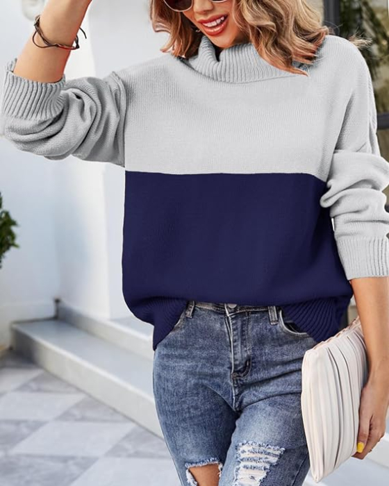 Bluza tricotata lejera cu maneci lungi, pulover pentru femei, albastru/gri M [2]