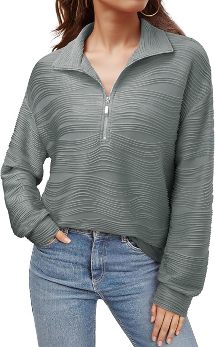 Bluza gri texturata larga, cu maneci lungi, decolteu Vcu fermoar, L [4]