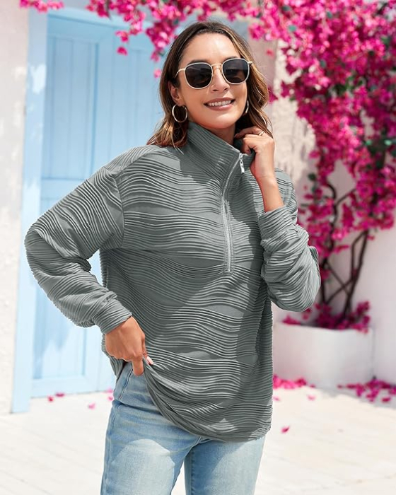 Bluza gri texturata larga, cu maneci lungi, decolteu Vcu fermoar, L [3]