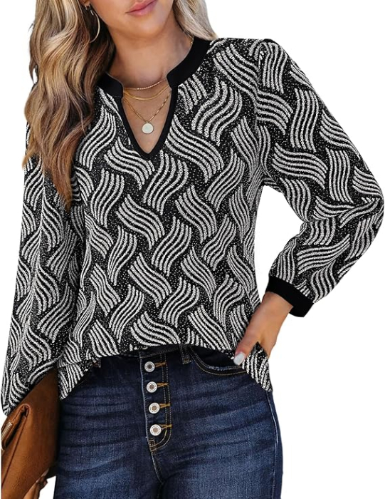 Bluza neagra cu argintiu lejera pentru femei, cu maneci lungi, decolteu in V, XL [3]