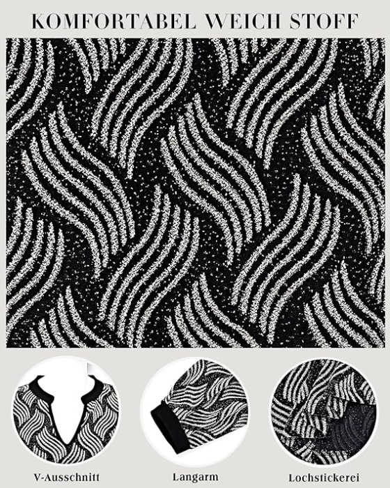 Bluza neagra cu argintiu lejera pentru femei, cu maneci lungi, decolteu in V, XL [5]