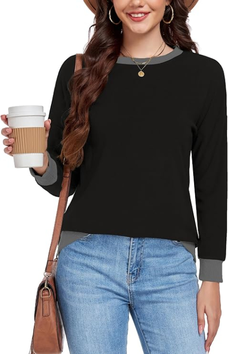 Bluza negru, lejera pentru femei, cu maneci lungi, guler rotund, S [2]