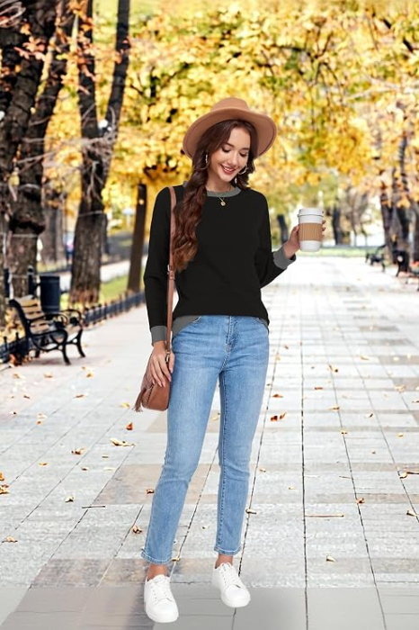 Bluza negru, lejera pentru femei, cu maneci lungi, guler rotund, M [3]