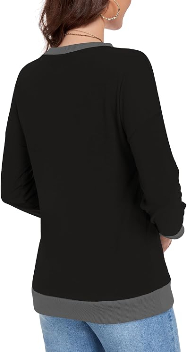 Bluza negru, lejera pentru femei, cu maneci lungi, guler rotund, M [4]