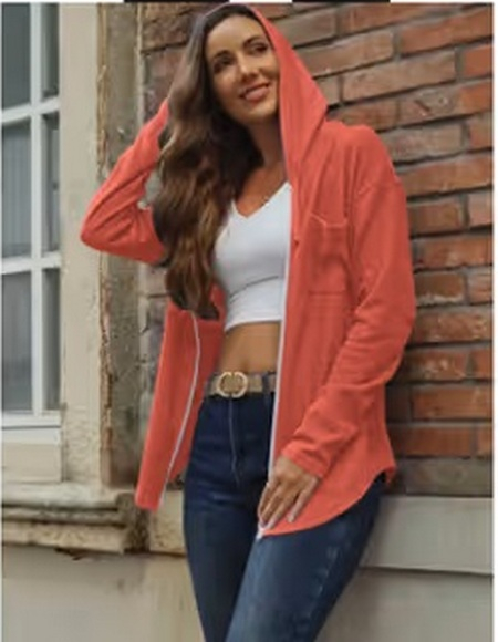 Bluza roz lejera pentru femei, maneci lungi, gluga si fermoar, M [2]