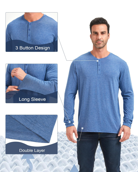 Set Bluze Henley Bărbați S Mâneci Lungi, 4 Culori, Alb/Gri/Bleumarin/Albastru [5]