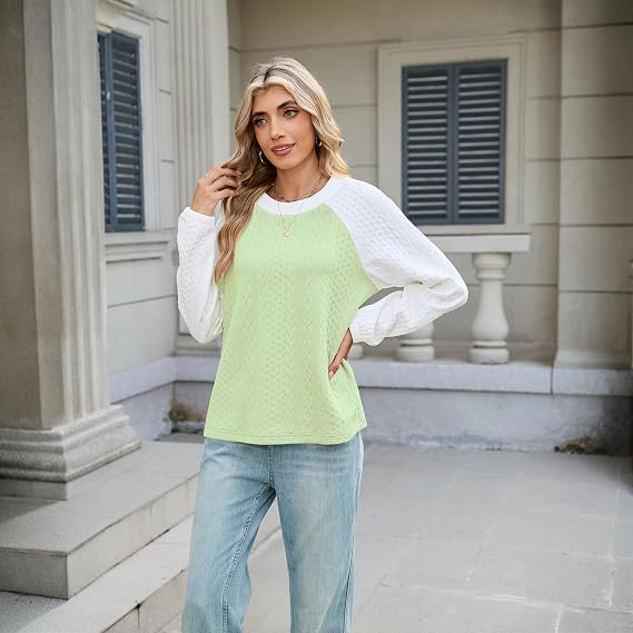 Bluză verde Damă Oversized Color Block, Sweatshirt cu Mâneci Lungi, Guler Rotund, Croi Lejer, Material Moale și Elastic, Casual, XL [2]