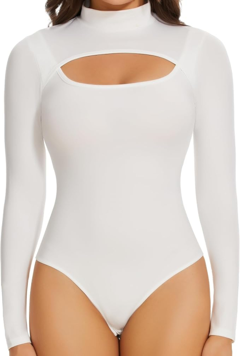 Body modelator corporal pentru femei cu maneca lunga, pe gat, Alb L [1]