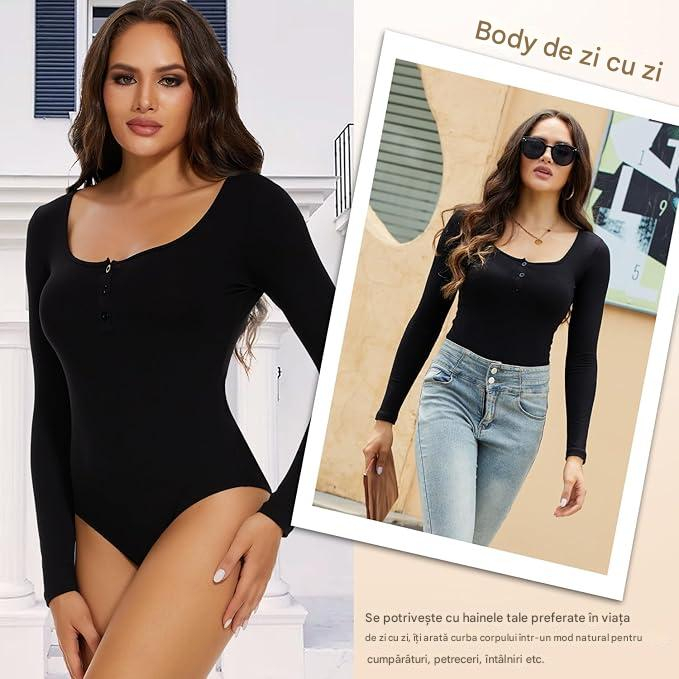 Body modelator corporal pentru femei cu maneca lunga si 3 nasturi, Negru , XL [6]