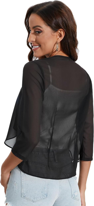 Bolero negru Damă Elegant din Șifon, Mâneci 3/4, Negru, XL [5]