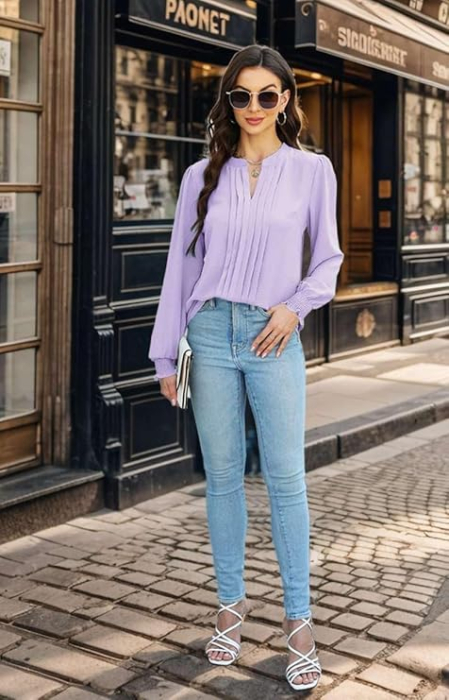 Bluza eleganta lejera pentru femei, maneca lunga, decolteu V, mov L [4]