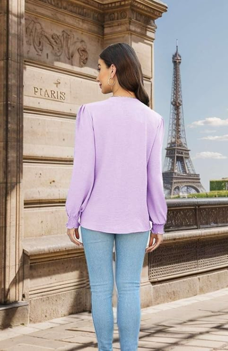 Bluza eleganta lejera pentru femei, maneca lunga, decolteu V, mov L [5]