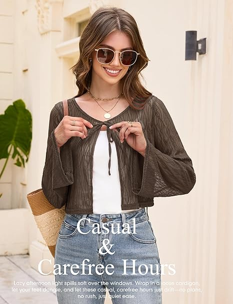 Bolero maro pentru femei, dantela cu maneci clopot S [6]