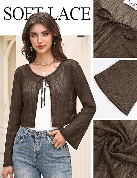 Bolero maro pentru femei, dantela cu maneci clopot S [2]